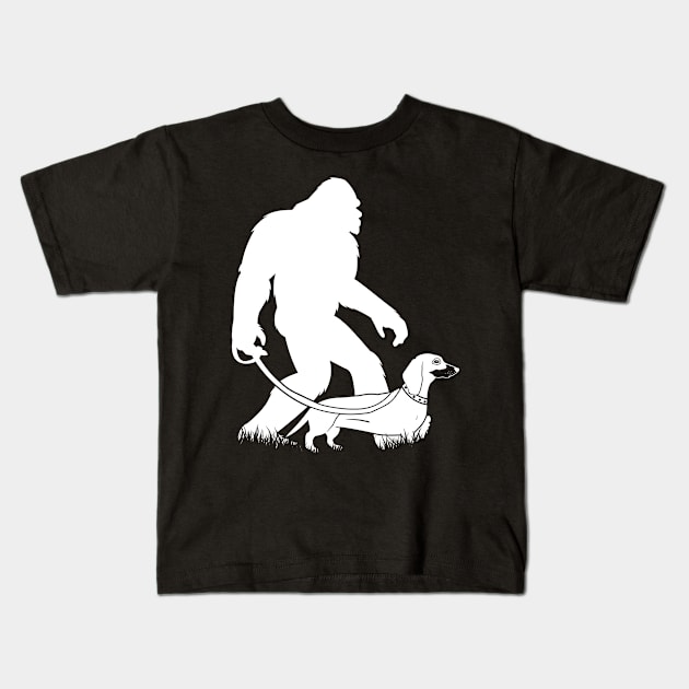 Bigfoot Walking Dachshund Kids T-Shirt by Tesszero